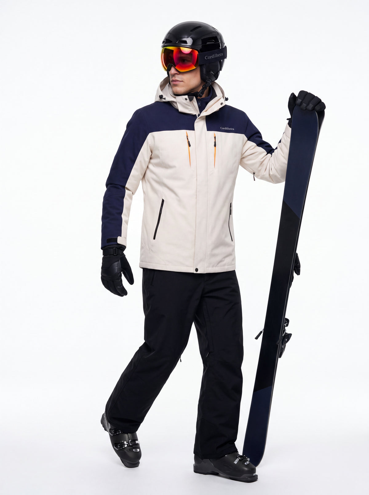 Mulher usando Jaqueta 3 em 1 Cordilheira Thermal Shield com equipamento de ski, Roupa da Marca Cordilheira com Boa proteção Confiável para neve.