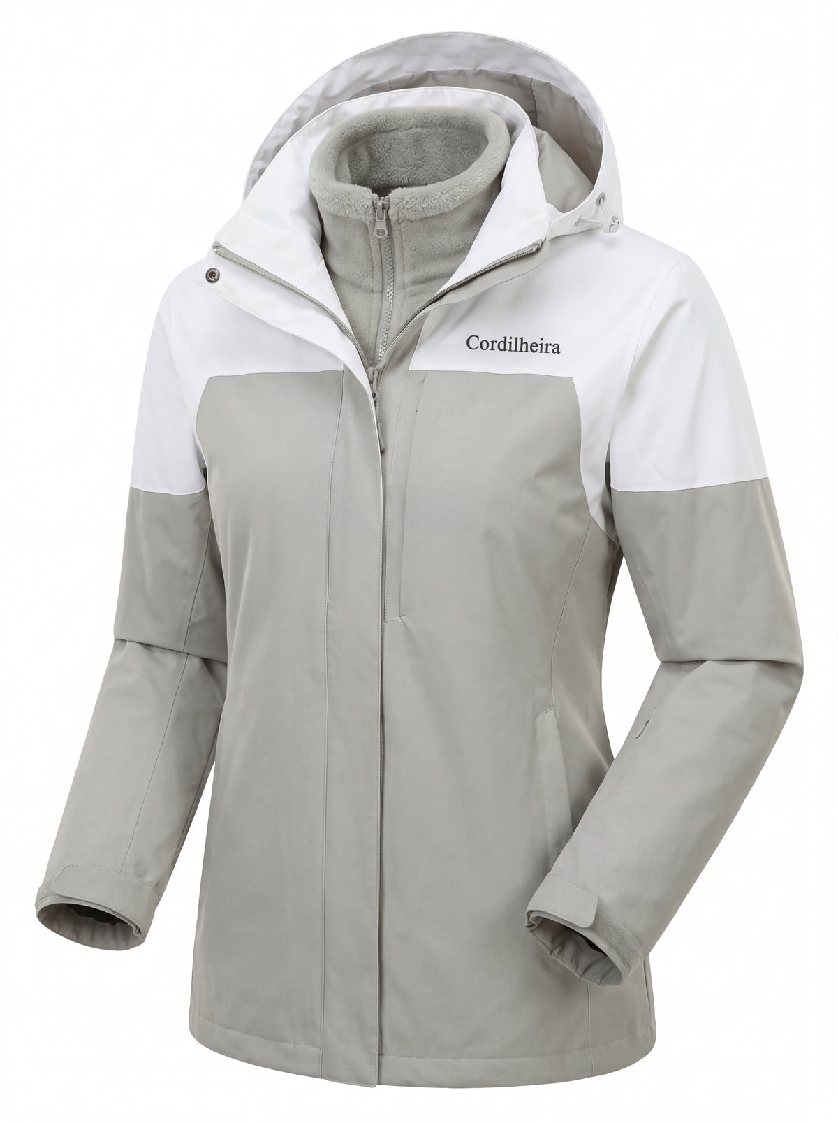 Jaqueta 3 em 1 Cordilheira Alpine Feminina destacando a modelagem da peça, Roupa da Marca Cordilheira com Boa resistência, conforto e acabamento Confiável para frio.