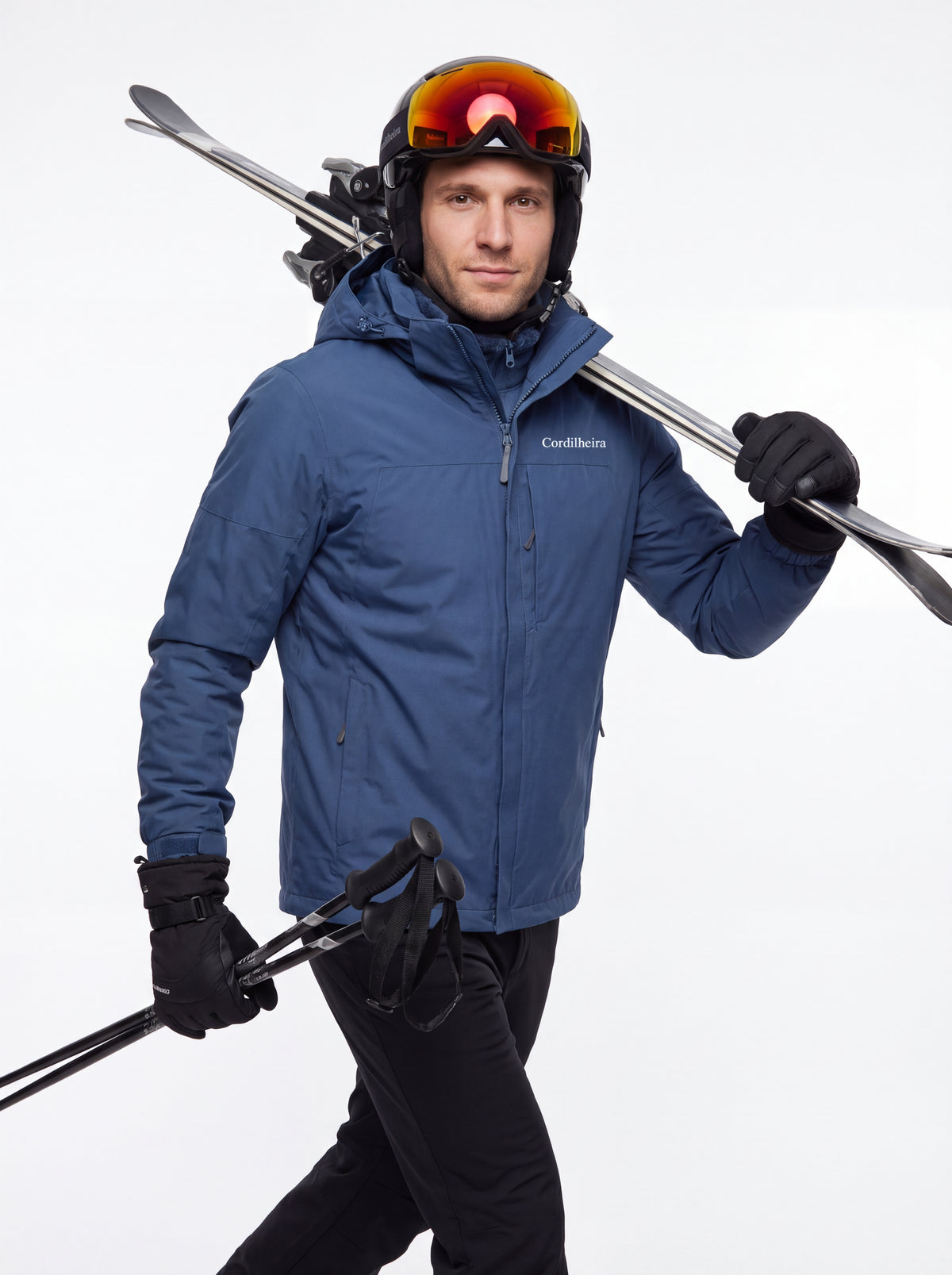 Modelo usando Jaqueta 3 em 1 Cordilheira Alpine Masculina em ensaio de ski, Roupa da Marca Cordilheira com Boa resistência e proteção impermeável Confiável para neve e inverno.