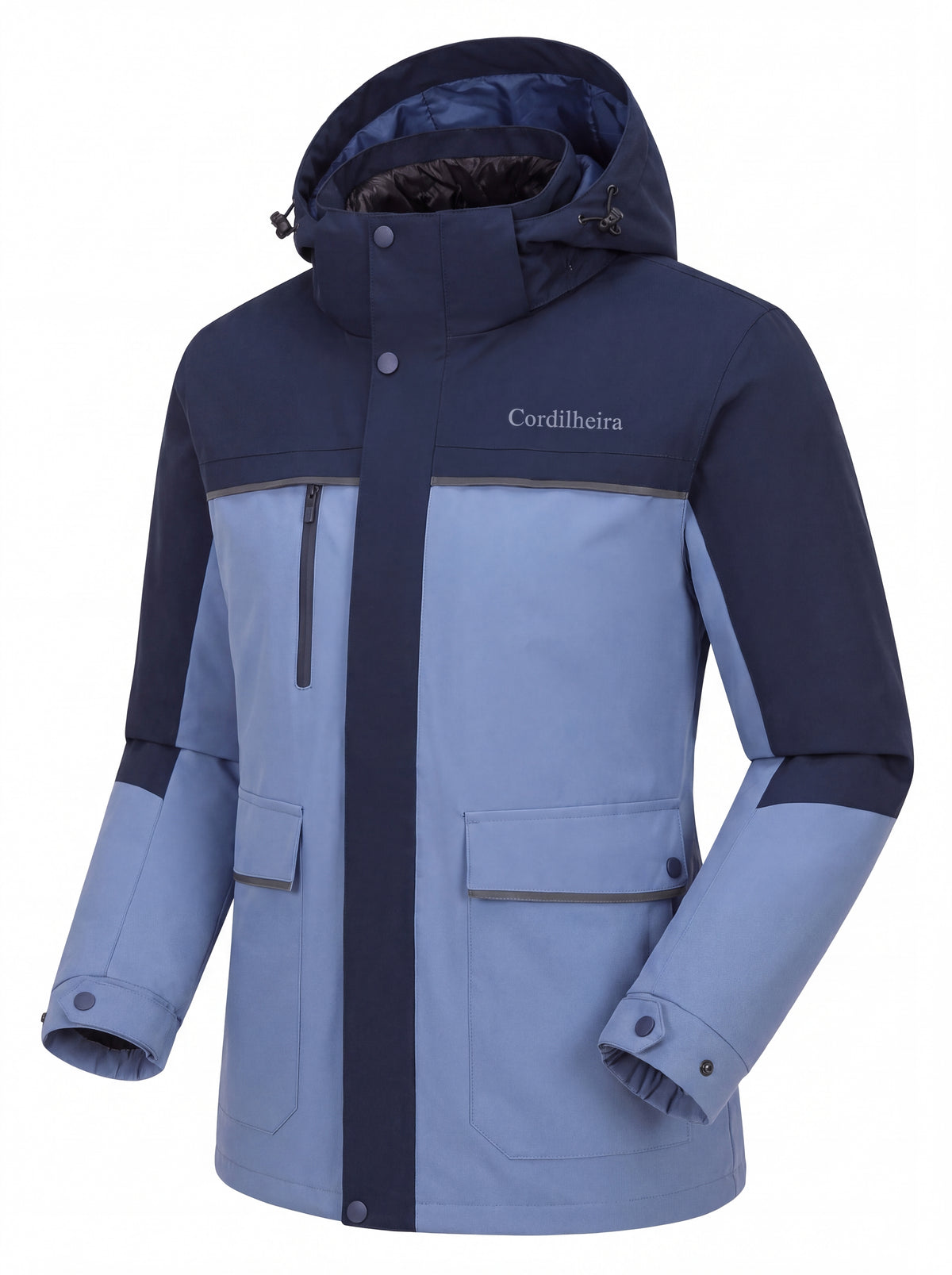 Modelo usando Jaqueta Puffer 3 em 1 Cordilheira Hybrid Feminina com logo em destaque, Roupa da Marca Cordilheira com Boa qualidade e acabamento Confiável para esportes na neve.