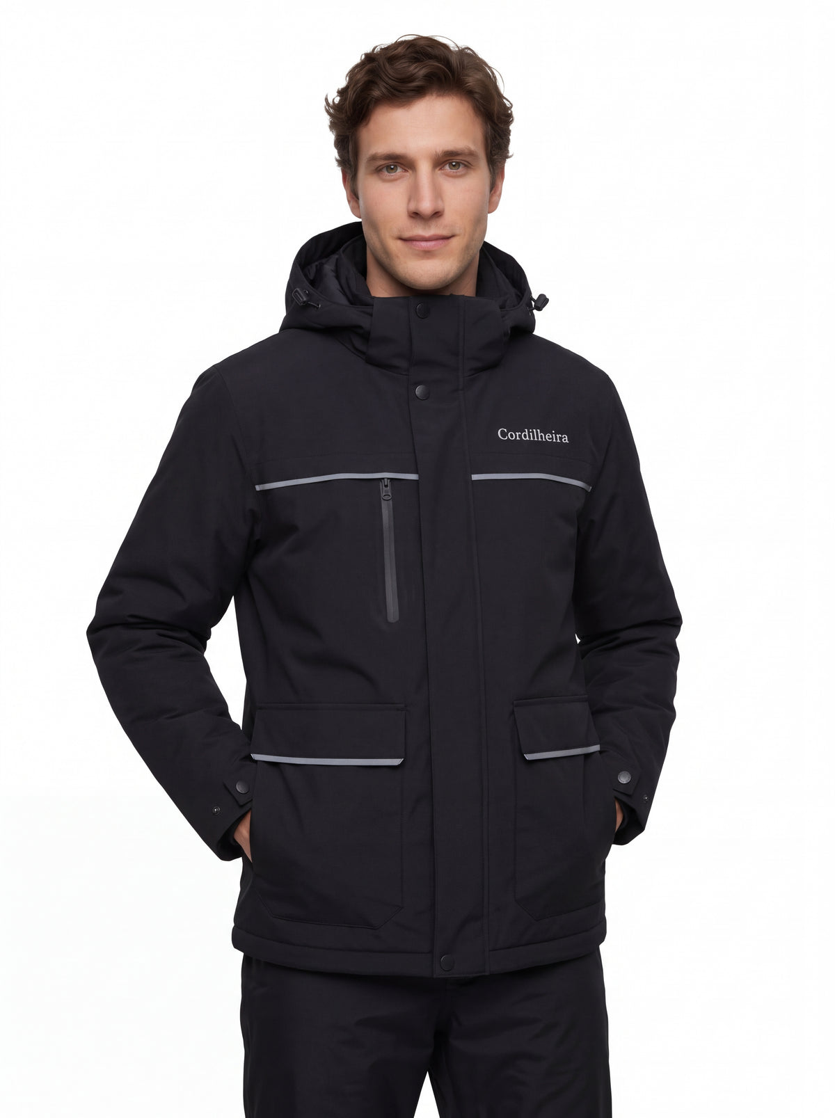 Modelo em catálogo de inverno usando Jaqueta Puffer 3 em 1 Cordilheira Hybrid Masculina, Roupa da Marca Cordilheira com Boa proteção e desempenho Confiável para ski e neve.