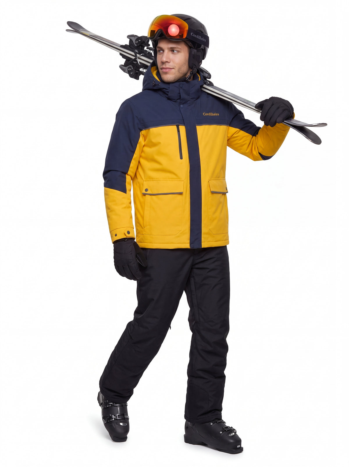 Modelo usando equipamento de ski com Jaqueta Puffer 3 em 1 Cordilheira Hybrid Masculina, Roupa da Marca Cordilheira com Boa impermeabilidade e proteção Confiável para esportes na neve.