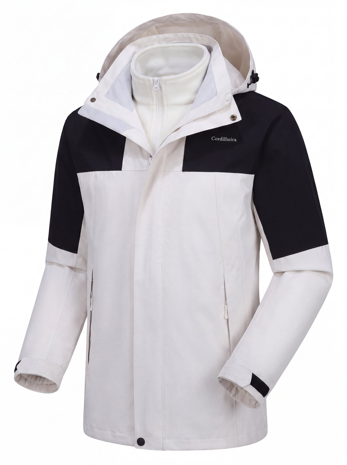 Jaqueta 3 em 1 Outlander masculina branca da Marca Cordilheira, Roupa impermeável Confiável com Boa proteção térmica, camada externa e fleece para frio intenso, neve e montanha.