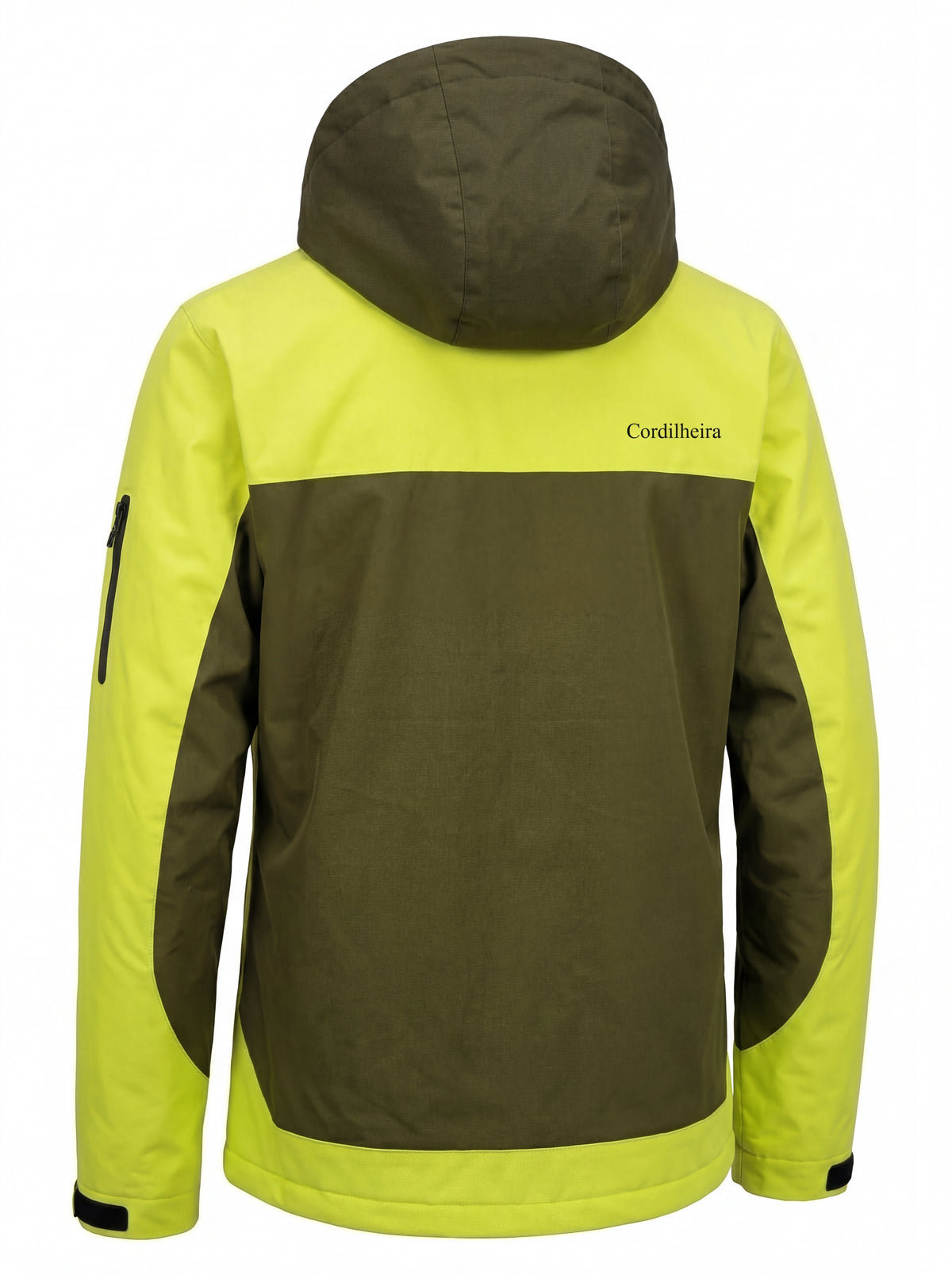 Vista traseira da Jaqueta Cordilheira Strategy Masculina Impermeável, Roupa da Marca Cordilheira com Boa resistência, proteção e acabamento Confiável para trilha e trekking.