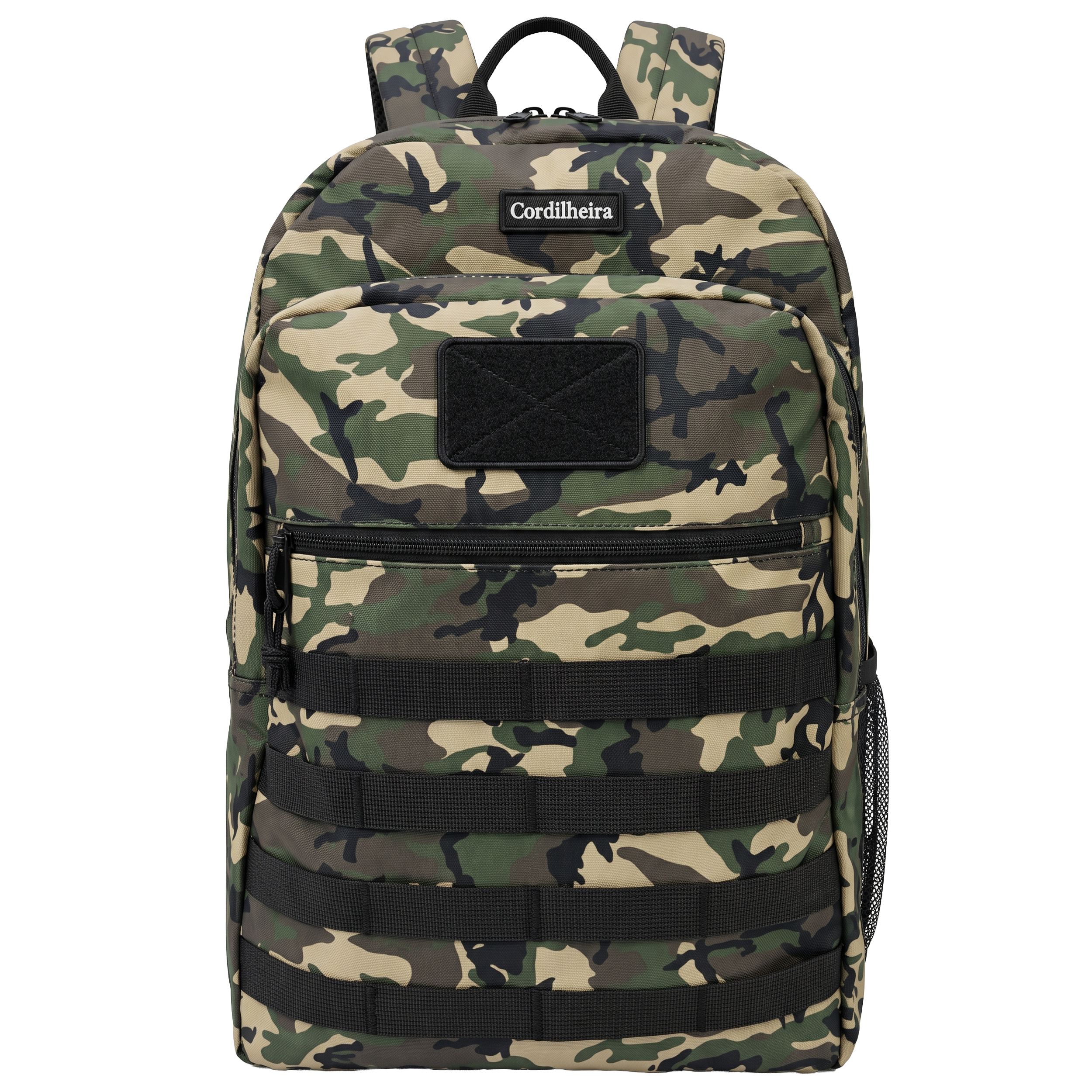 Mochila tática preta da Marca Cordilheira para trilha e camping, uma Roupa e equipamento outdoor de Boa qualidade, resistência e uso Confiável.