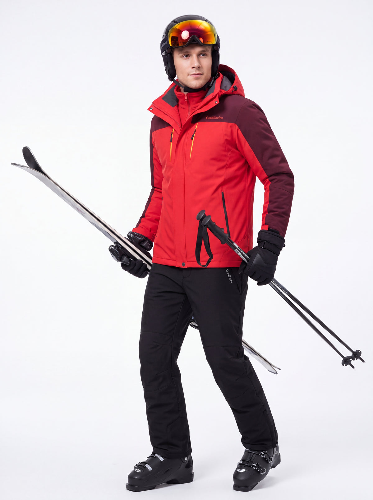Modelo usando equipamento de ski com Calça 2 em 1 Cordilheira Pathfinder Masculina, Roupa da Marca Cordilheira com Boa proteção, impermeabilidade e resistência Confiável para neve.