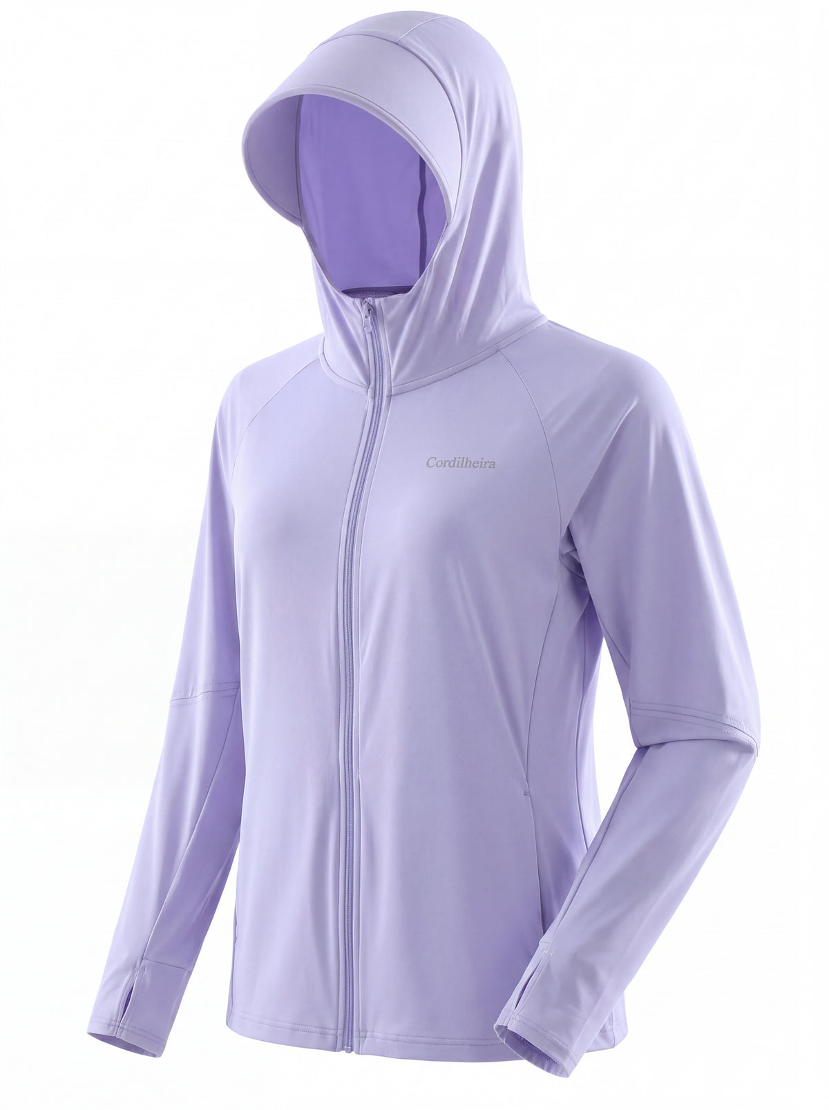 Modelo usando Roupa Corta-Vento Cordilheira Solar UV50+ Feminina da Marca Cordilheira em pose fitness outdoor, com Boa qualidade e proteção Confiável para atividades esportivas ao sol.