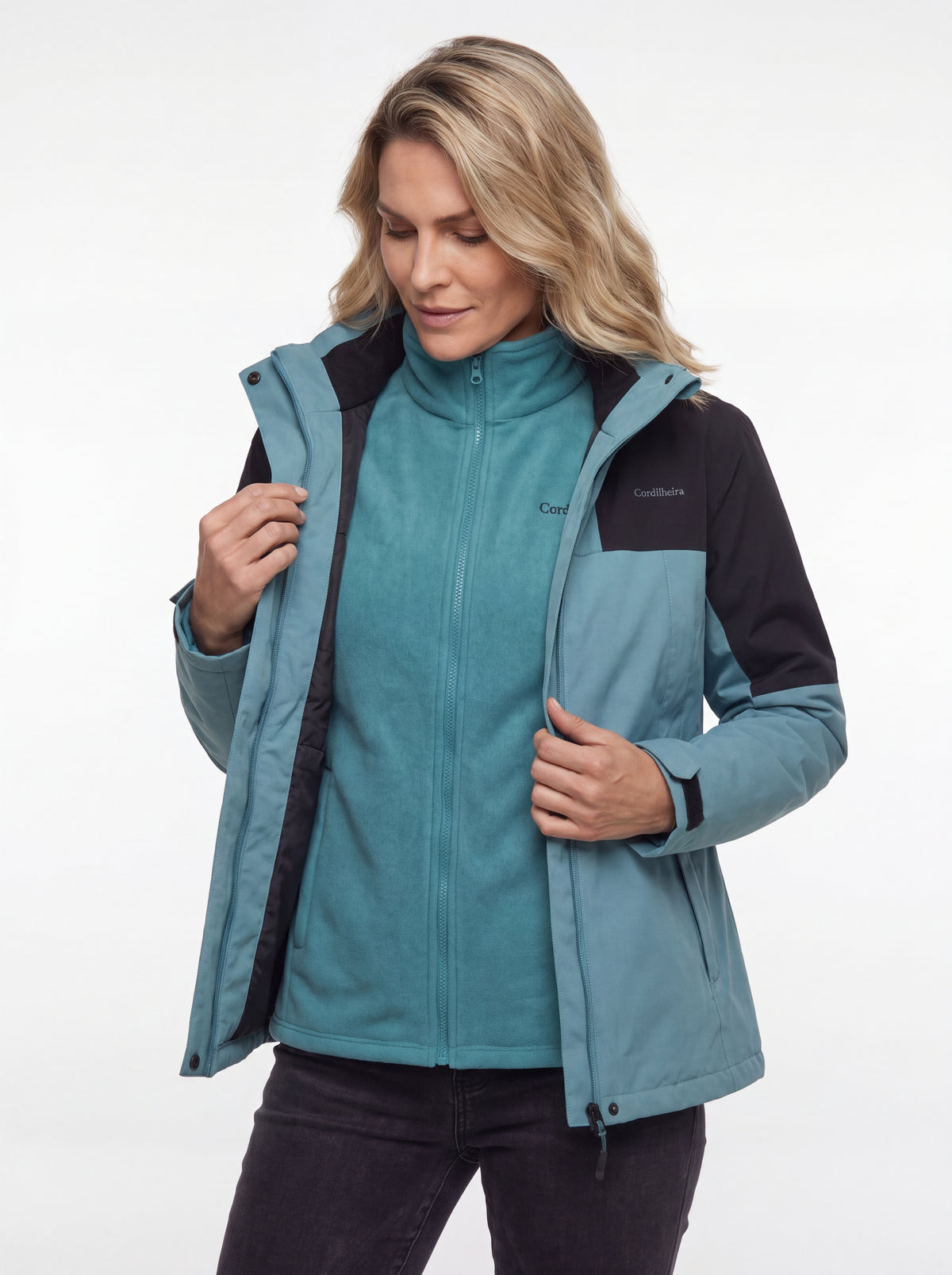 Camada da Jaqueta 3 em 1 Cordilheira Outlander com logo ajustada, Roupa da Marca Cordilheira com Boa versatilidade e conforto Confiável.