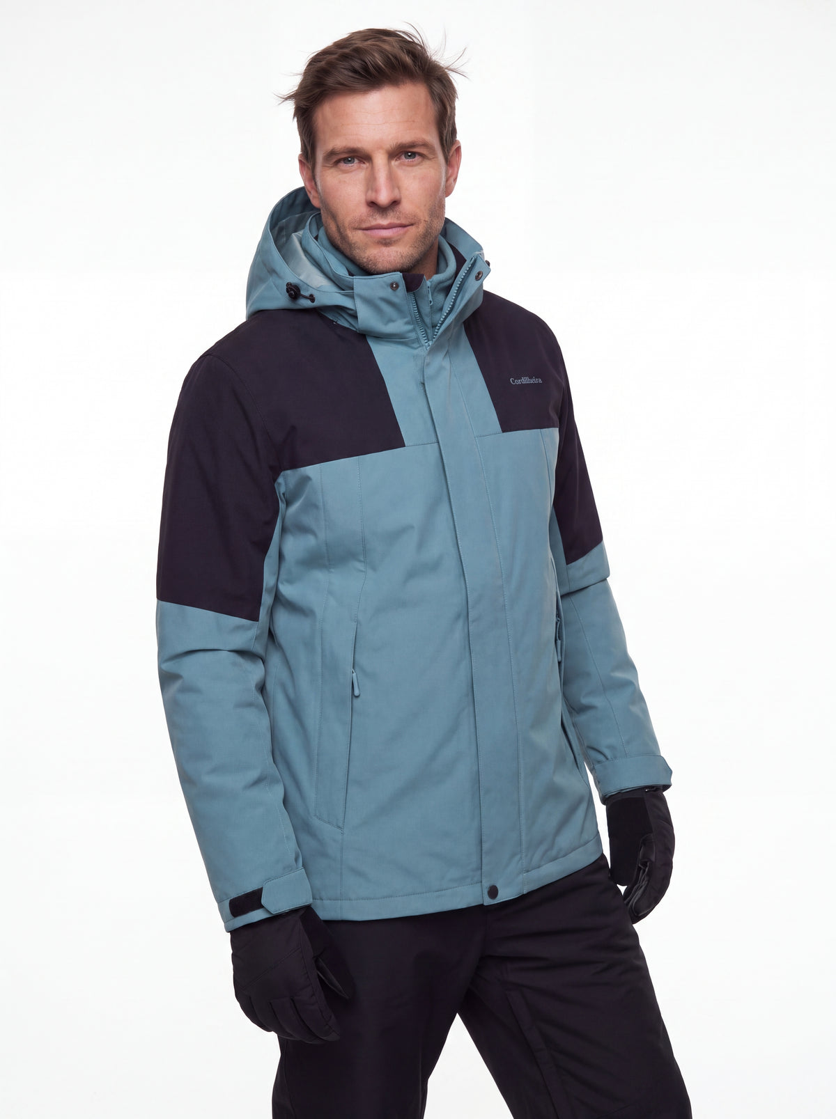 Modelo usando Jaqueta 3 em 1 Cordilheira Outlander com ski, Roupa da Marca Cordilheira com Boa proteção e desempenho Confiável para outdoor.