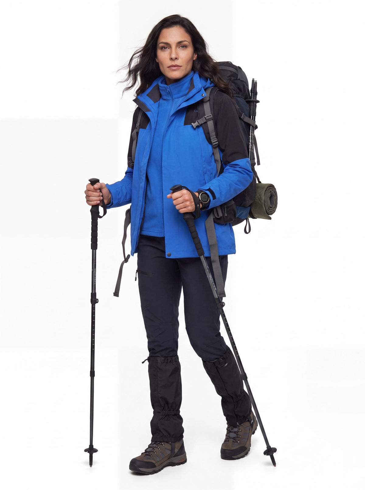 Modelo usando Jaqueta 3 em 1 Cordilheira Outlander em proposta professional hiking, Roupa da Marca Cordilheira com Boa resistência e proteção Confiável.
