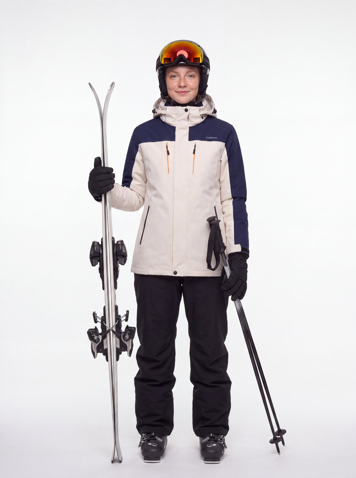 Modelo usando equipamento de ski e Jaqueta 3 em 1 Cordilheira Thermal Shield, Roupa da Marca Cordilheira com Boa qualidade Confiável.