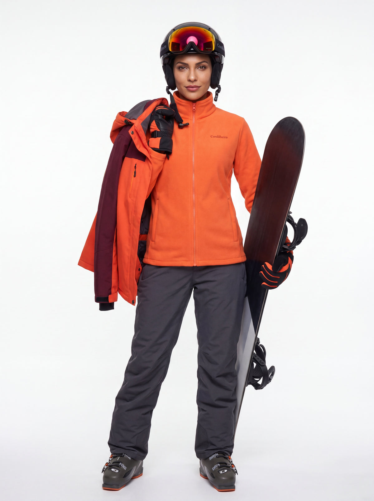 Modelo vestindo Jaqueta 3 em 1 Cordilheira Thermal Shield para ski, Roupa da Marca Cordilheira com Boa proteção e desempenho Confiável para neve e outdoor.