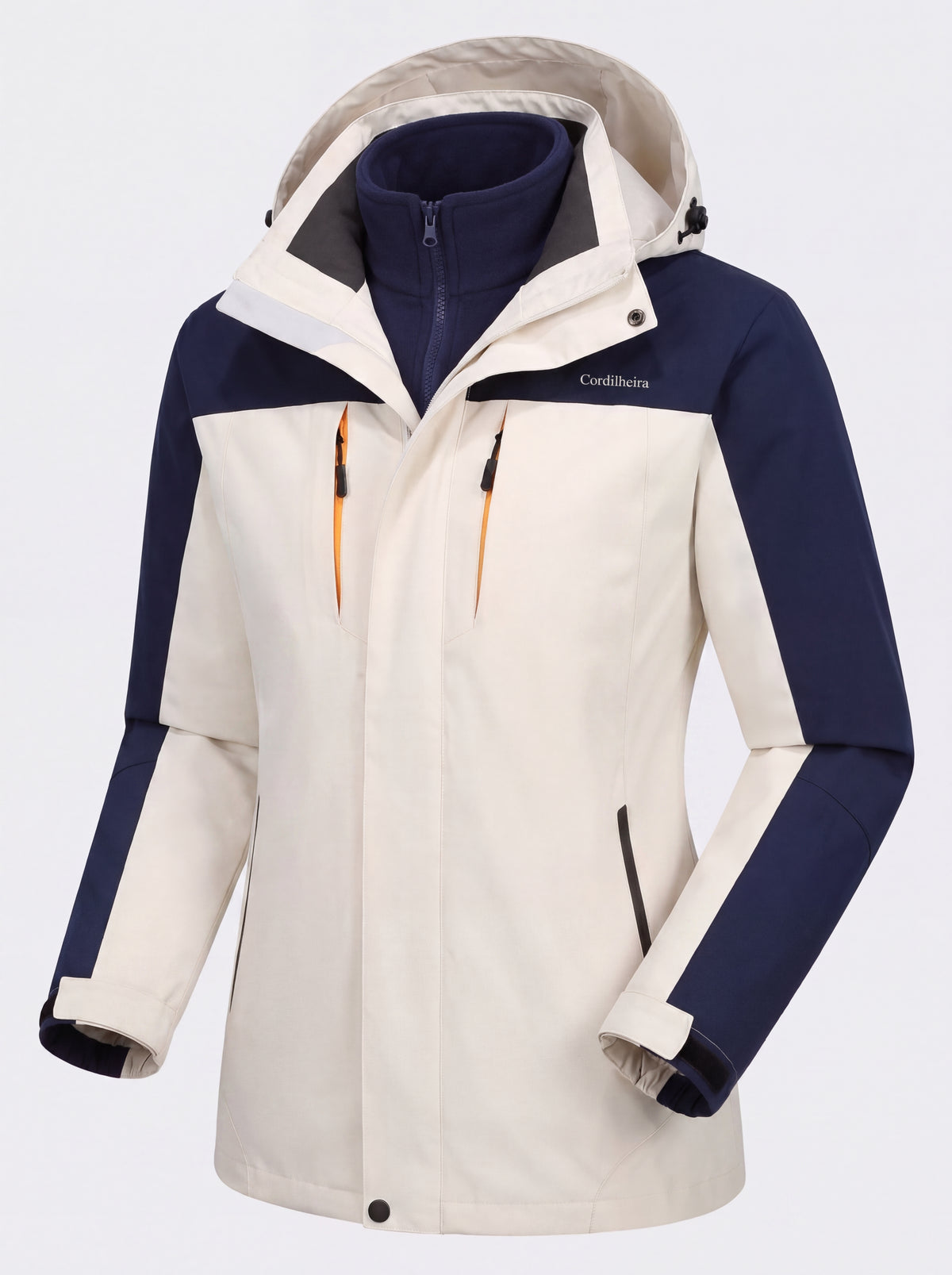 Modelagem feminina da Jaqueta 3 em 1 Cordilheira Thermal Shield em 4K, Roupa da Marca Cordilheira com Boa estrutura e caimento Confiável.
