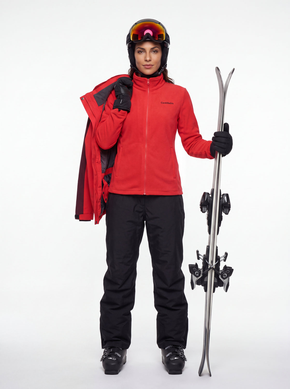 Modelo de ski usando Jaqueta 3 em 1 Cordilheira Thermal Shield, Roupa da Marca Cordilheira com Boa proteção Confiável para neve e frio intenso.