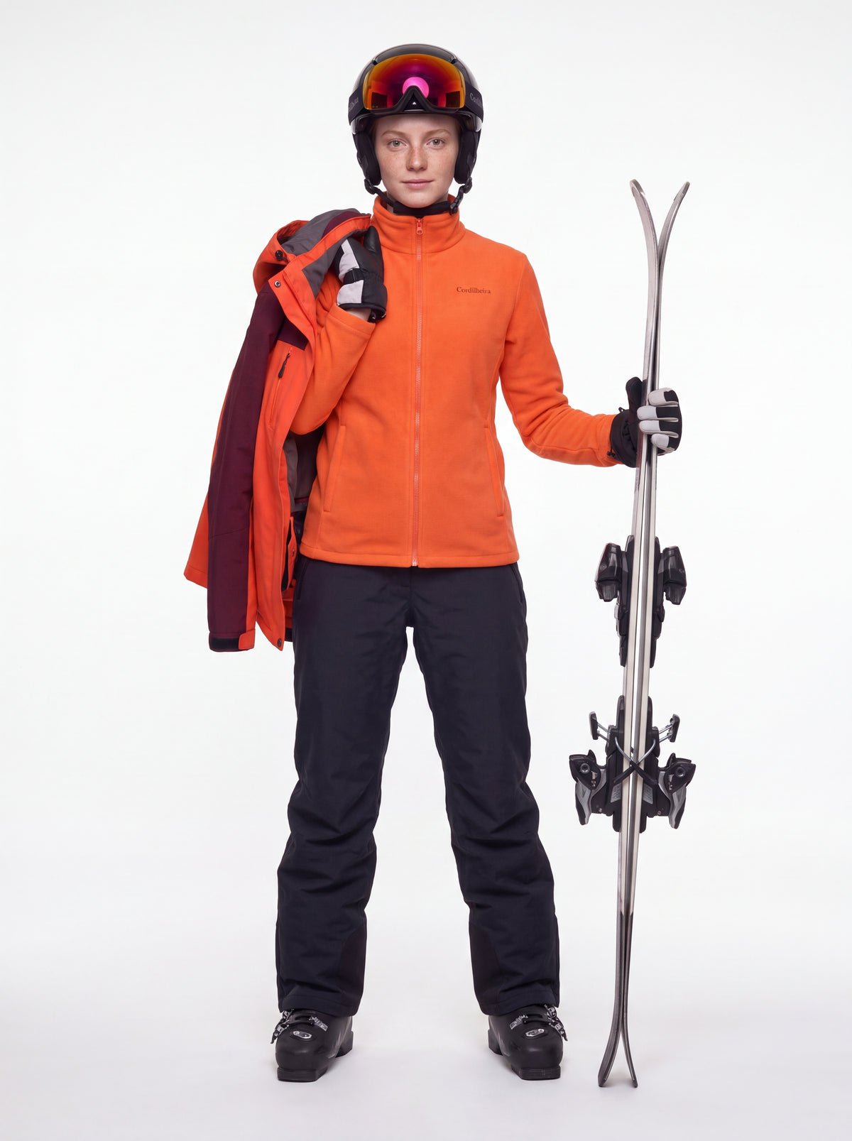 Modelo usando roupas de ski com Jaqueta 3 em 1 Cordilheira Thermal Shield, Roupa da Marca Cordilheira com Boa proteção Confiável para neve.