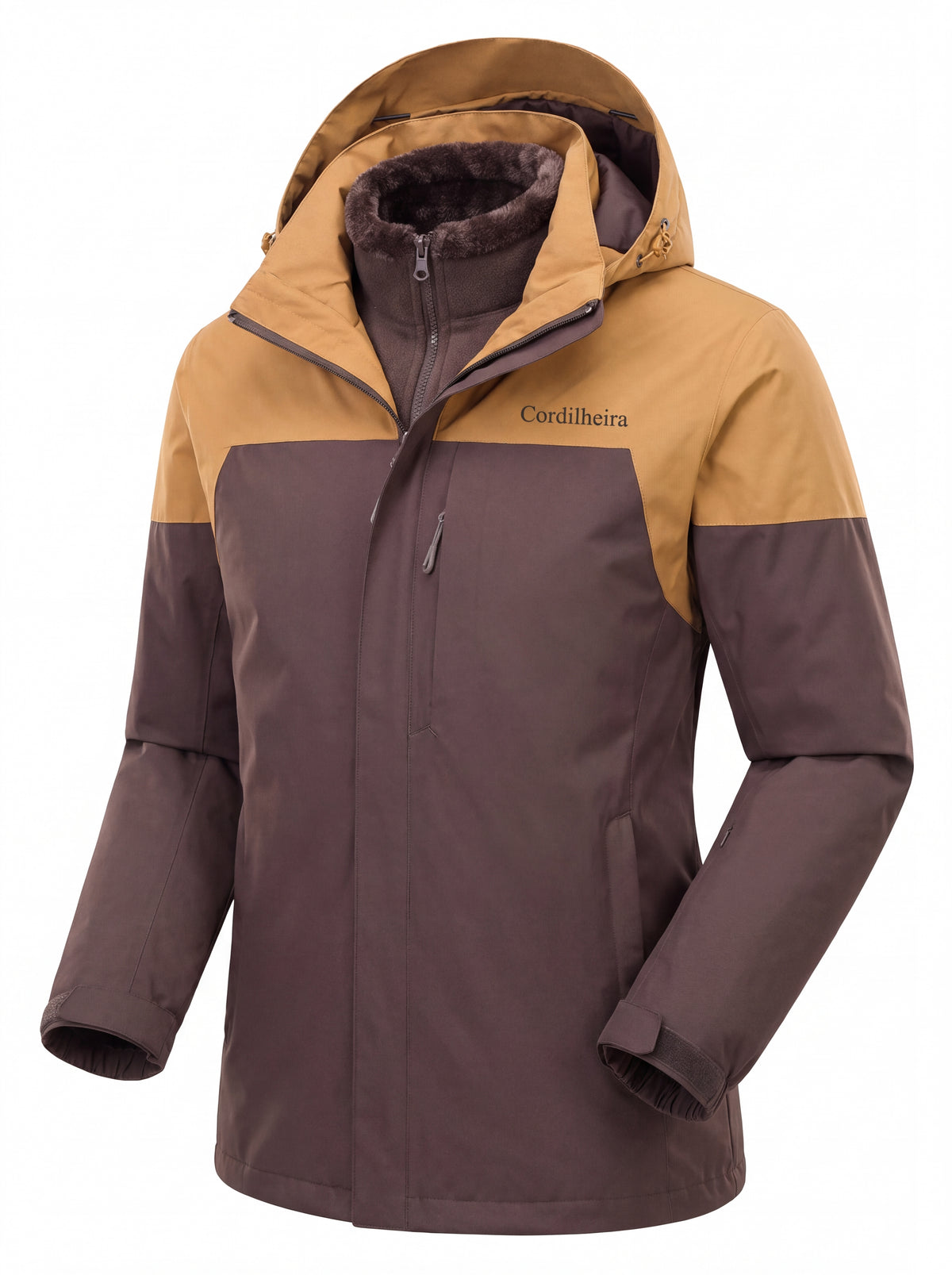 Modelo usando Jaqueta 3 em 1 Cordilheira Alpine Masculina com foco nos detalhes e modelagem, Roupa da Marca Cordilheira com Boa qualidade e proteção impermeável Confiável para neve.