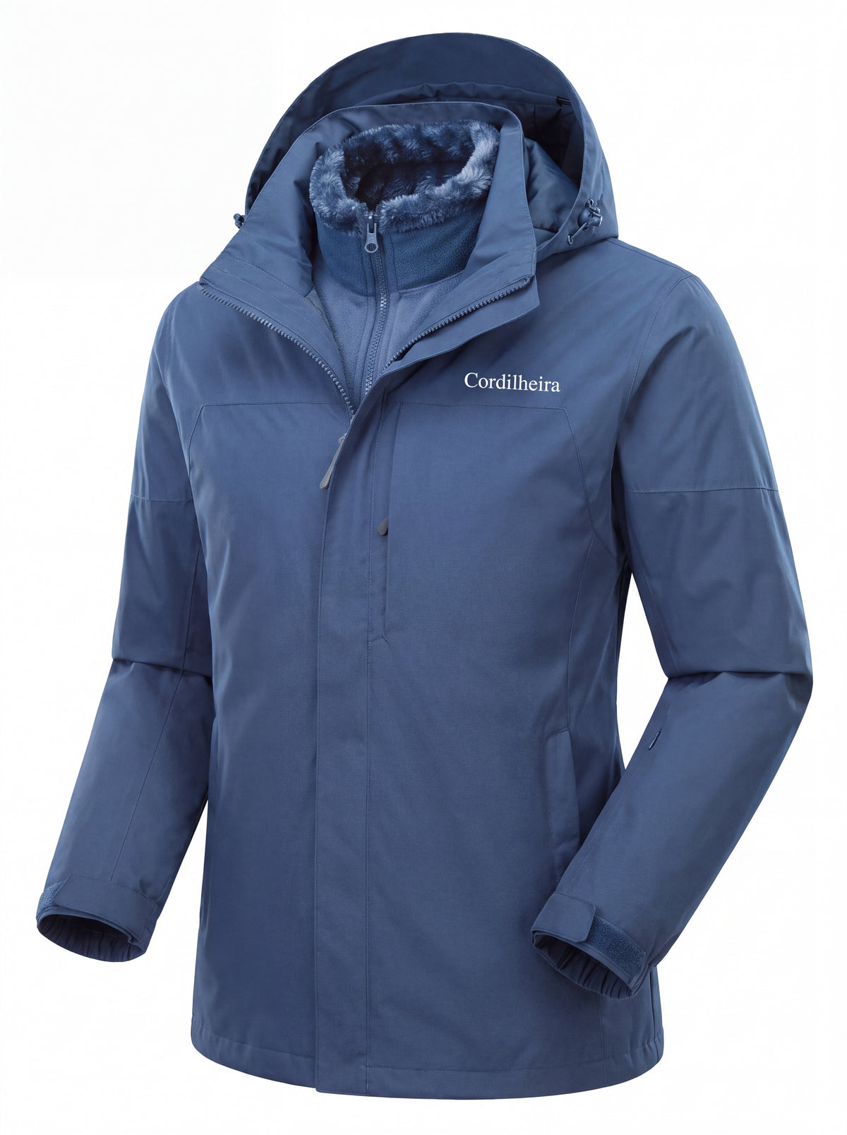 Modelo em pose esportiva usando Jaqueta 3 em 1 Cordilheira Alpine Masculina, Roupa da Marca Cordilheira com Boa qualidade, resistência e proteção Confiável para frio e esportes de inverno.