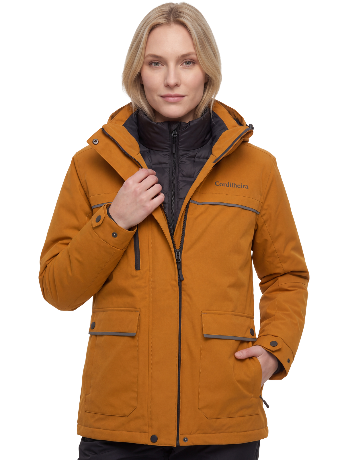 Capa da Jaqueta Puffer 3 em 1 Cordilheira Hybrid Feminina, Roupa da Marca Cordilheira com Boa qualidade, impermeabilidade e proteção Confiável para neve e frio intenso.