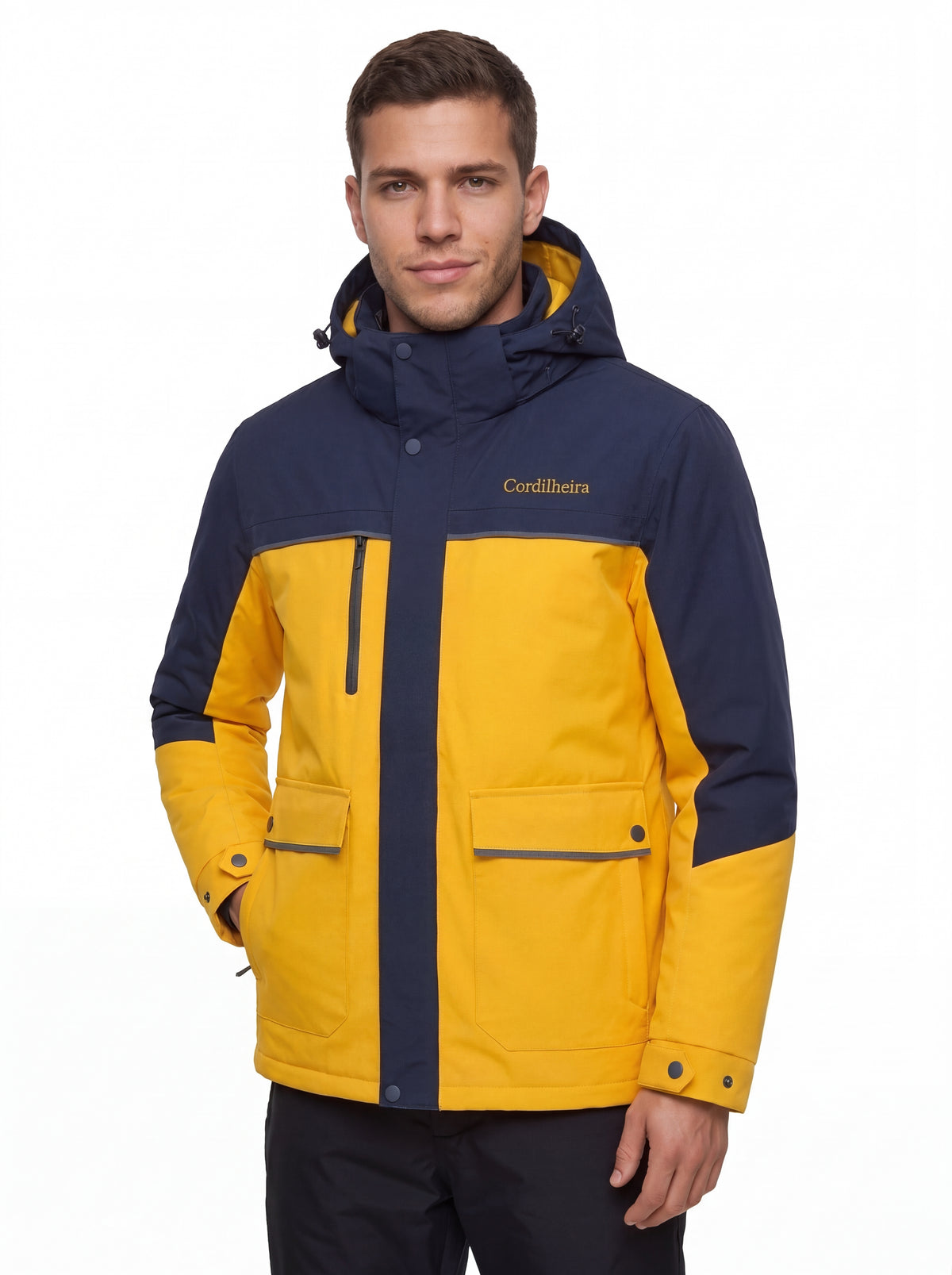 Modelo em ensaio de inverno com Jaqueta Puffer 3 em 1 Cordilheira Hybrid Masculina, Roupa da Marca Cordilheira com Boa resistência, qualidade e proteção Confiável para neve.