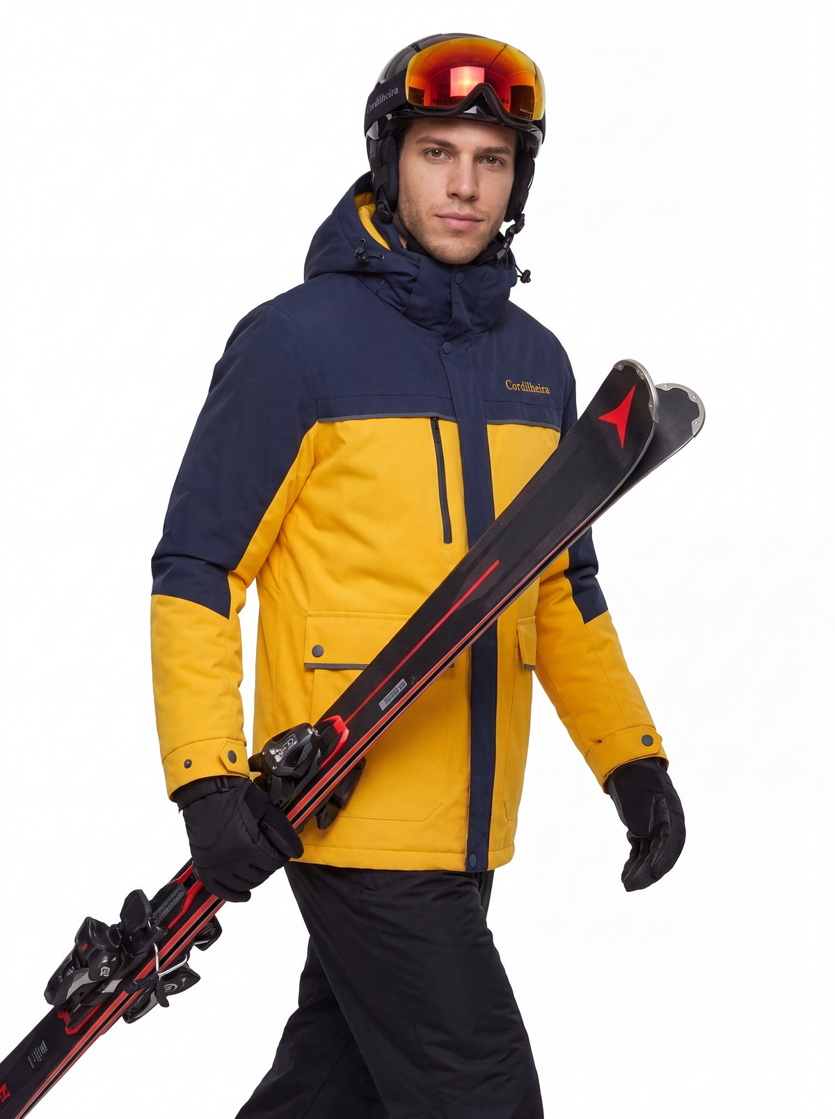 Modelo usando Jaqueta Puffer 3 em 1 Cordilheira Hybrid Masculina com esquis, Roupa da Marca Cordilheira com Boa resistência, impermeabilidade e desempenho Confiável para neve.