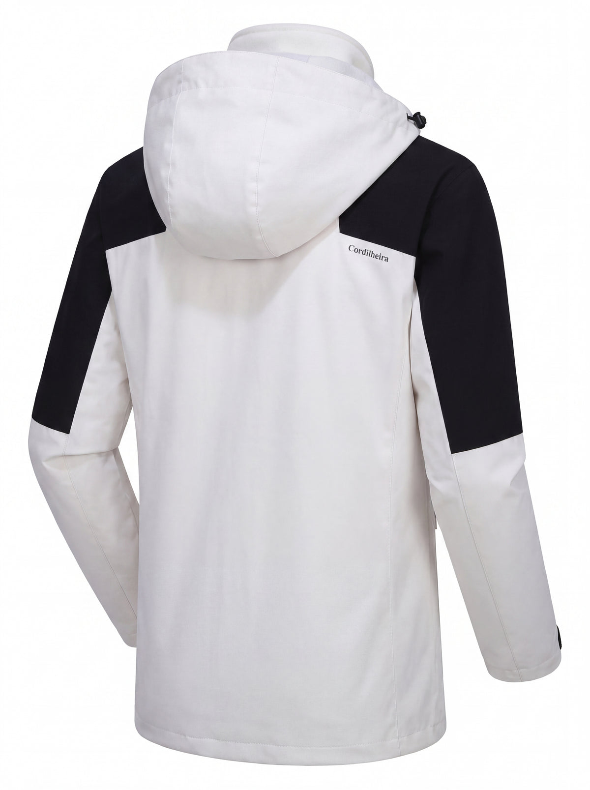 Vista traseira da Jaqueta 3 em 1 Cordilheira Outlander Impermeável com capuz, Roupa da Marca Cordilheira com Boa proteção Confiável contra vento e neve.