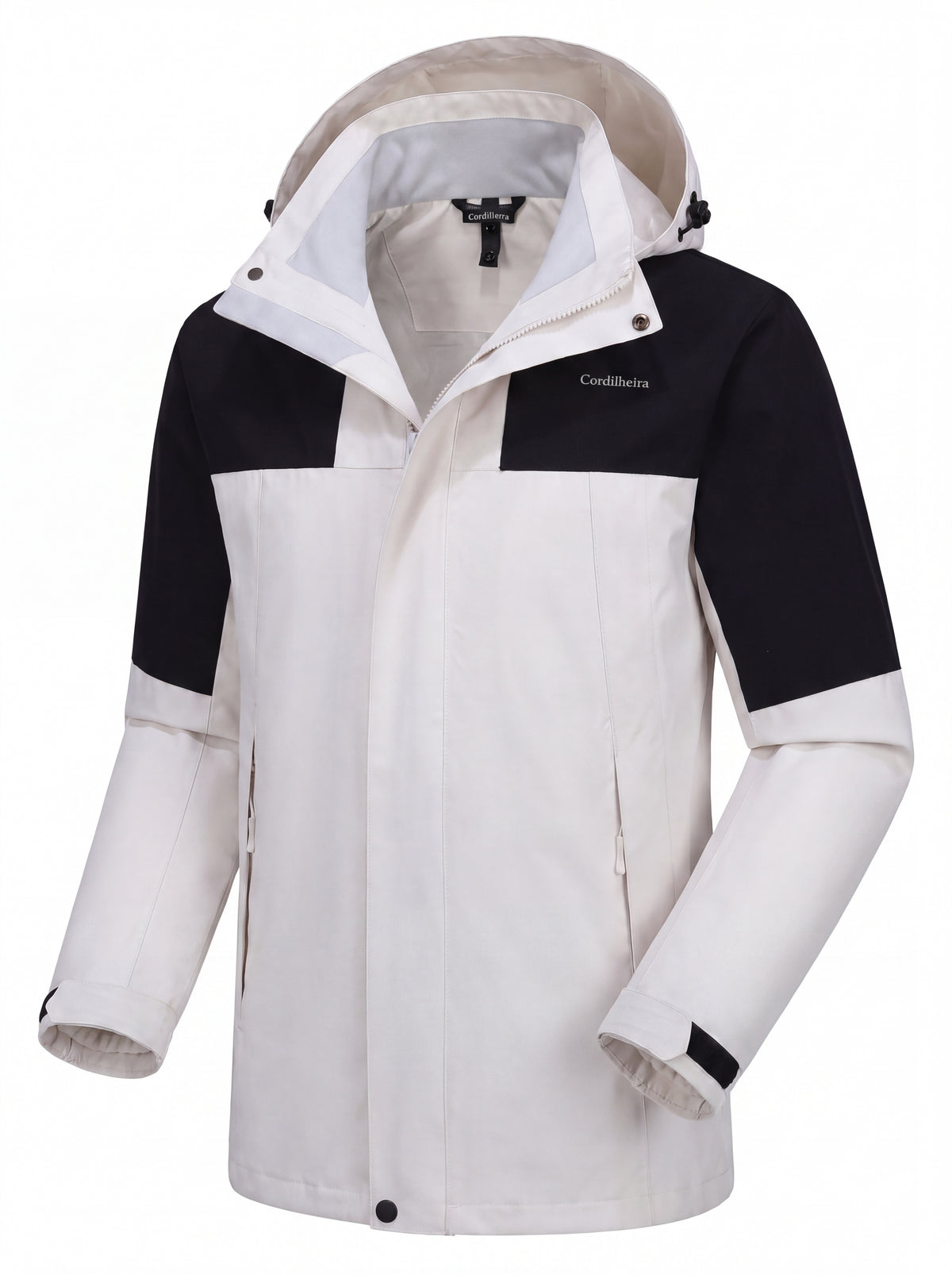 Jaqueta impermeável Outlander 3 em 1 masculina branca da Marca Cordilheira, Roupa Confiável com Boa proteção contra chuva, neve e vento, mostrada com a camada externa shell.