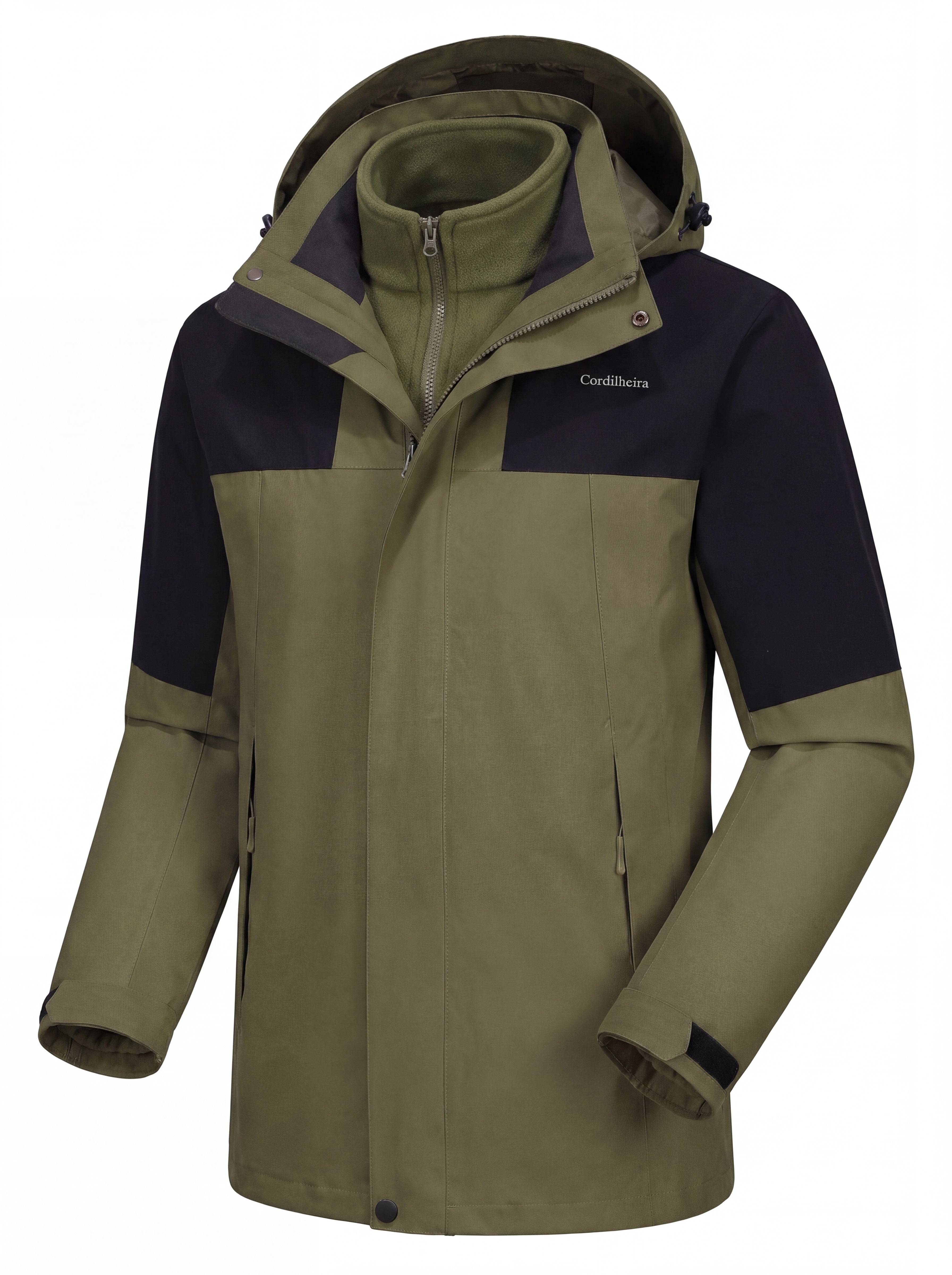 Jaqueta 3 em 1 Outlander masculina verde musgo da Marca Cordilheira, Roupa impermeável Confiável com Boa proteção contra chuva, neve, vento e frio.