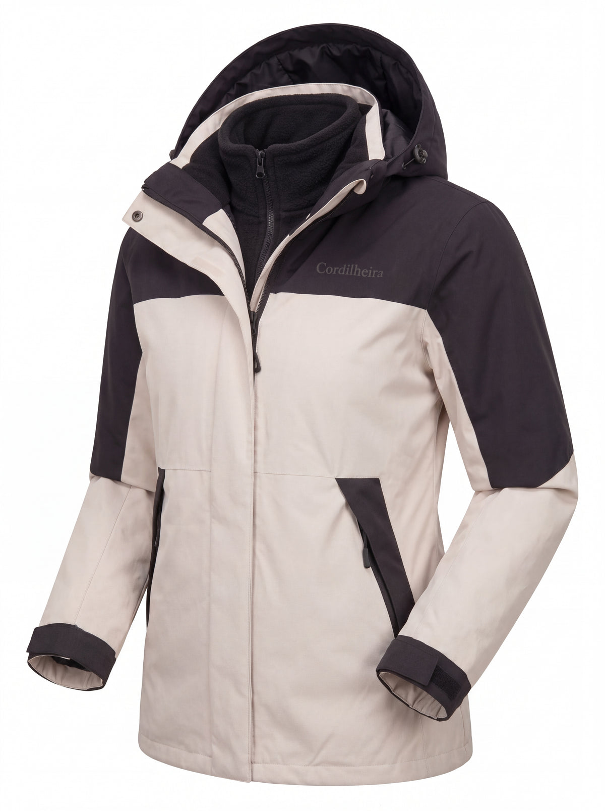 Jaqueta 3 em 1 Cordilheira Skiway Feminina com logo em destaque, Roupa da Marca Cordilheira com Boa qualidade e acabamento Confiável para frio, neve e uso outdoor.