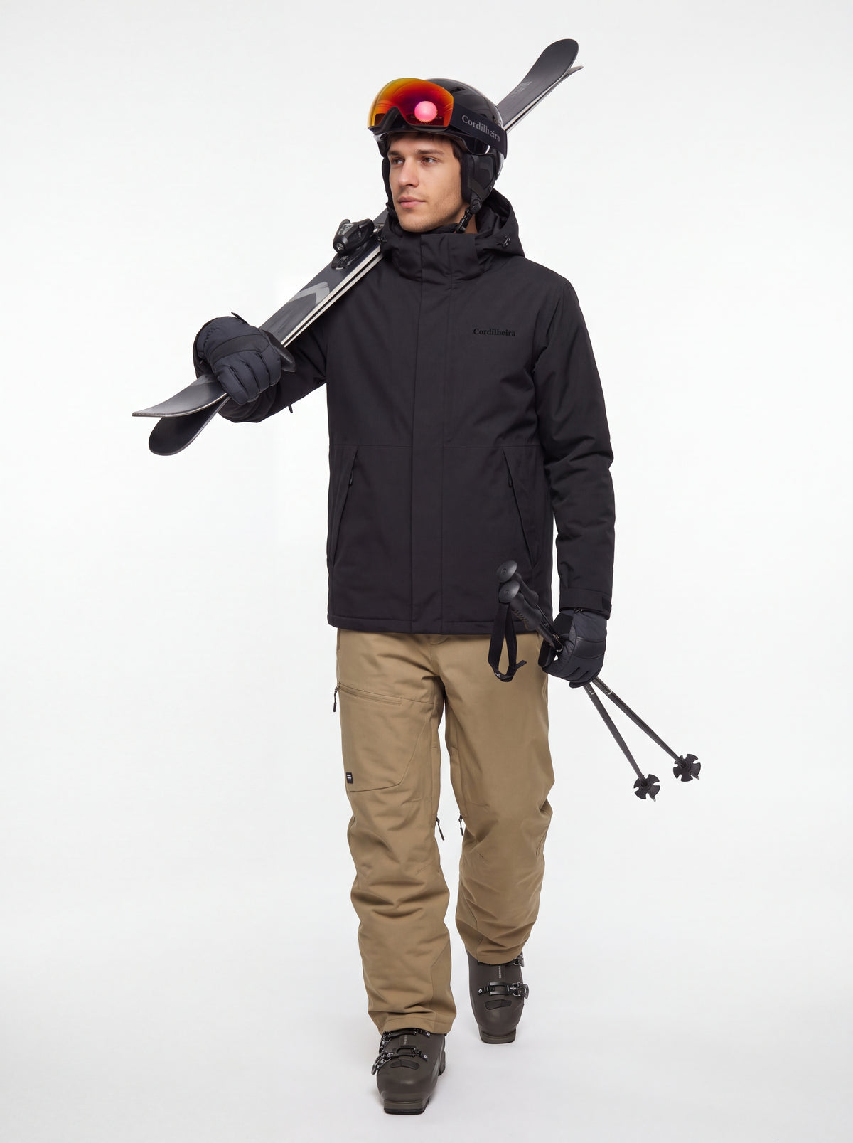 Modelo usando equipamento de ski e Jaqueta 3 em 1 Cordilheira Skiway Masculina, Roupa da Marca Cordilheira com Boa resistência, impermeabilidade e proteção Confiável para esportes na neve.