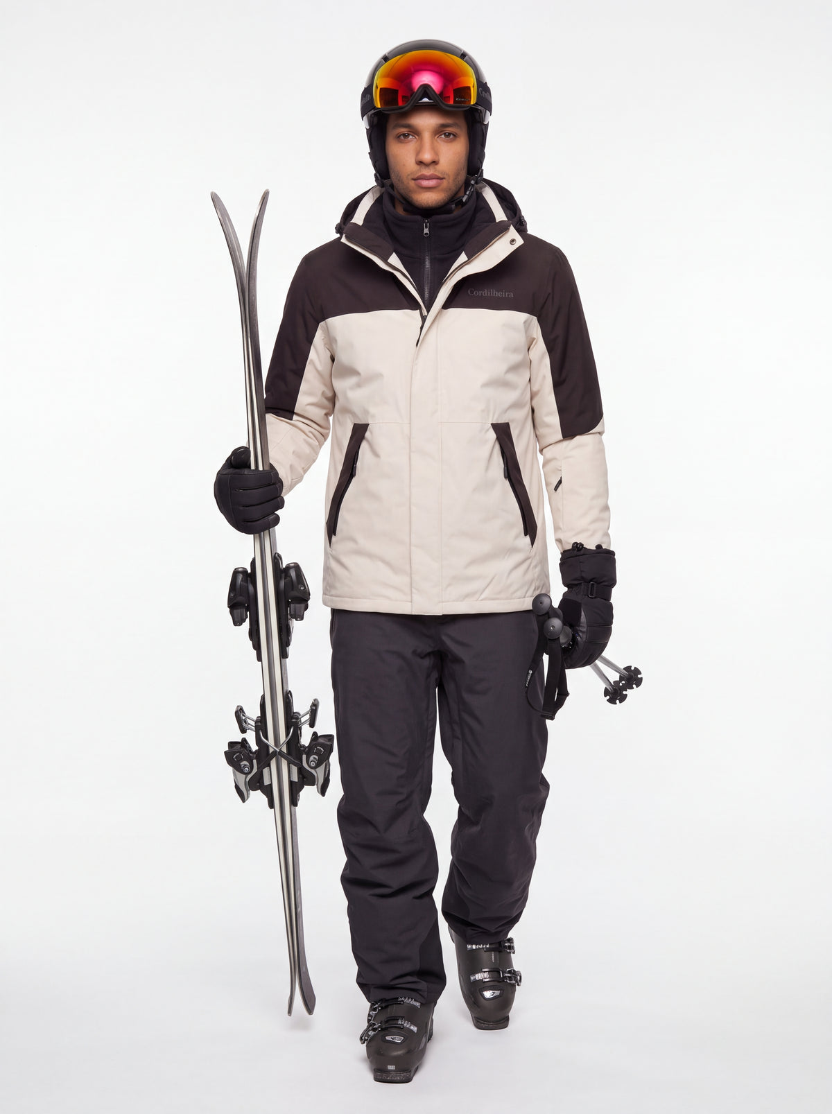 Modelo usando equipamento de ski e Jaqueta 3 em 1 Cordilheira Skiway Masculina, Roupa da Marca Cordilheira com Boa resistência, qualidade e proteção Confiável para neve.
