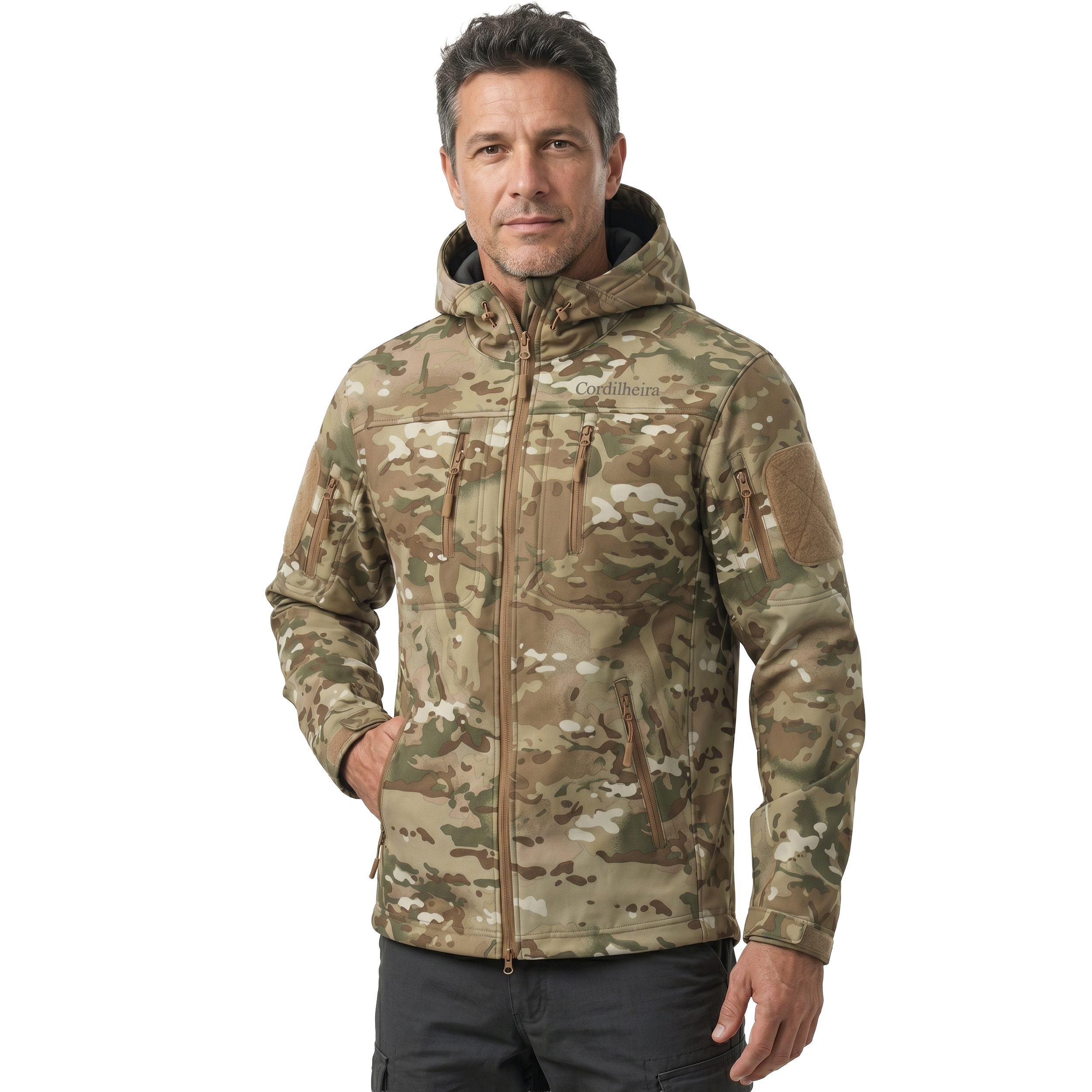 Jaqueta Cordilheira Ward Impermeável Masculina caqui com capuz, uma Roupa da Marca Cordilheira de Boa resistência e proteção Confiável para chuva, vento e aventura.