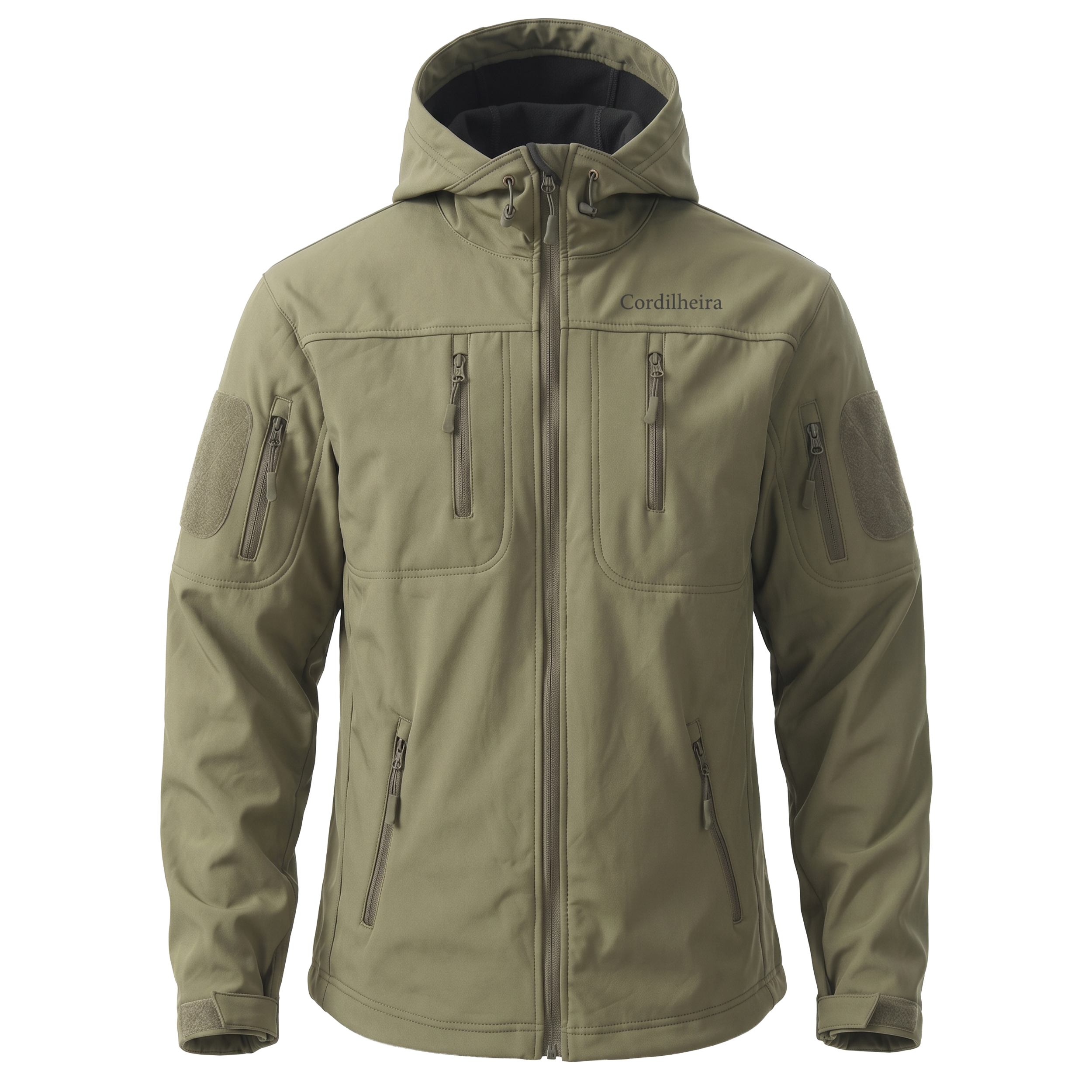 Jaqueta Cordilheira Ward Impermeável Masculina caqui em vista frontal, uma Roupa da Marca Cordilheira com Boa resistência e proteção Confiável para chuva, frio e vento.