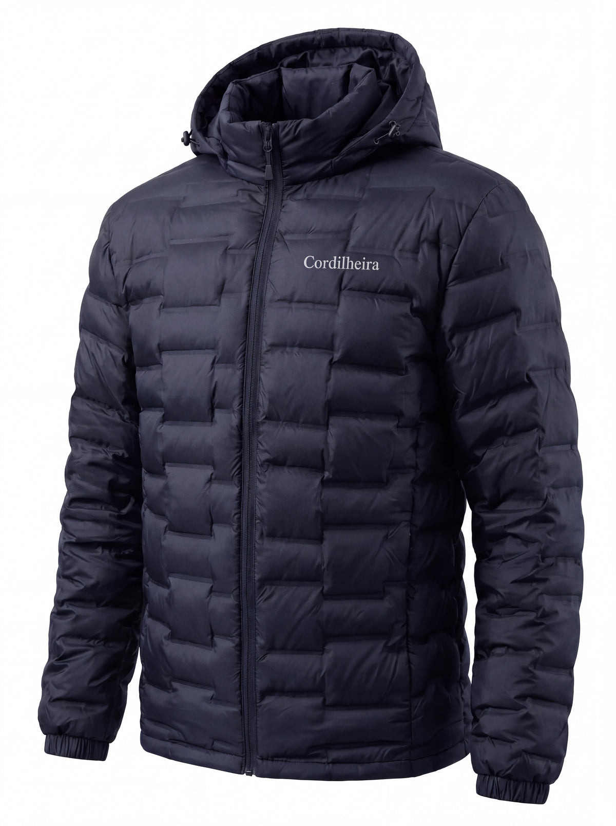 Jaqueta Puffer Cordilheira Climate Masculina em pose de estúdio, Roupa da Marca Cordilheira com Boa resistência, qualidade e acabamento Confiável com proposta premium.