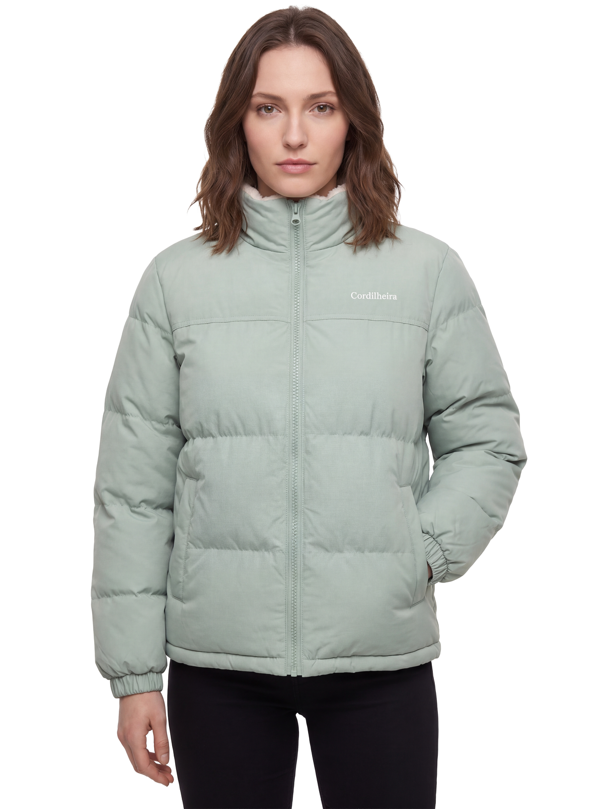 Jaqueta Puffer FrostLayer Dupla Face Feminina em foto de produto, Roupa da Marca Cordilheira com Boa qualidade e uso Confiável para inverno e frio.