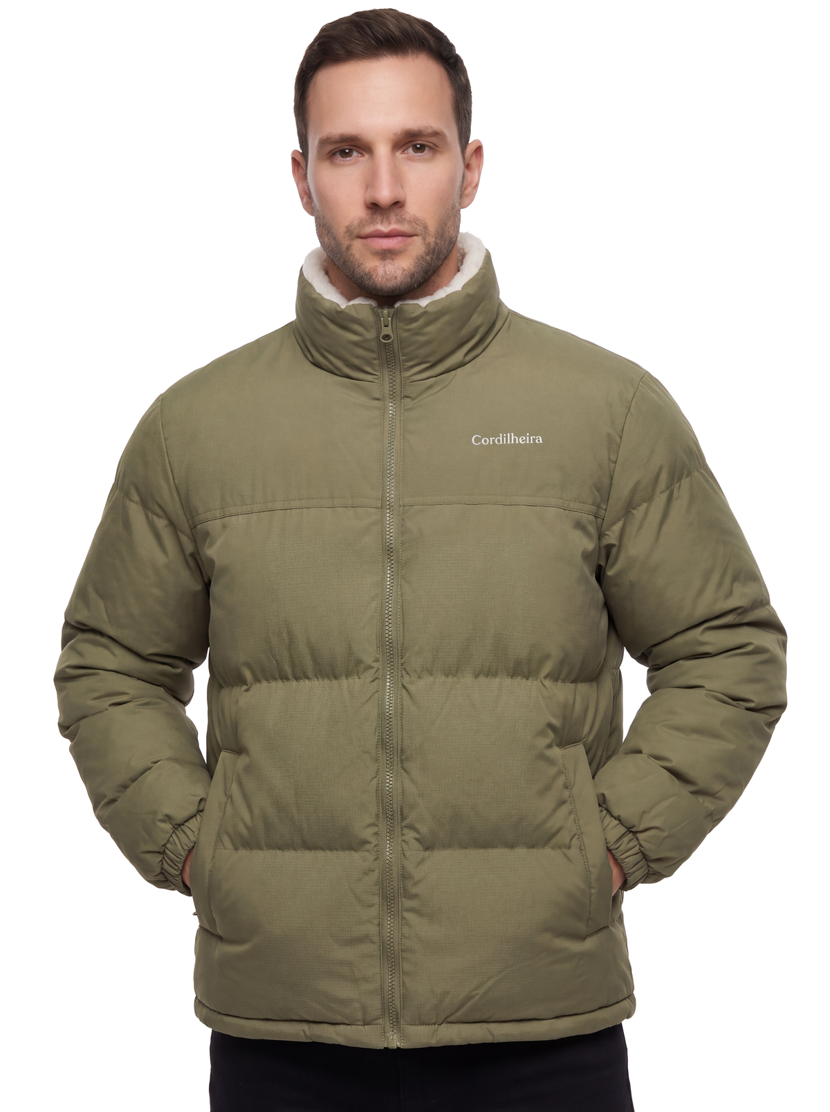 Imagem de capa da Jaqueta Puffer FrostLayer Dupla Face Masculina, Roupa da Marca Cordilheira com Boa proteção e acabamento Confiável para frio.