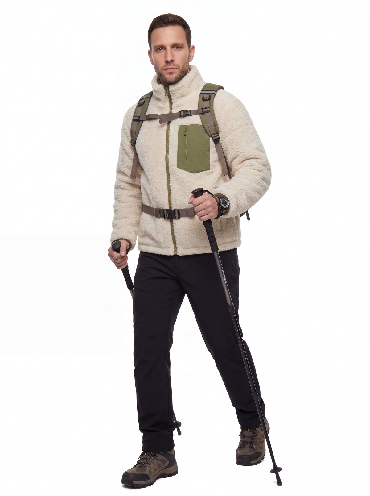 Modelo usando Jaqueta Puffer FrostLayer Dupla Face Masculina fechada, Roupa da Marca Cordilheira com Boa qualidade e conforto Confiável para inverno.