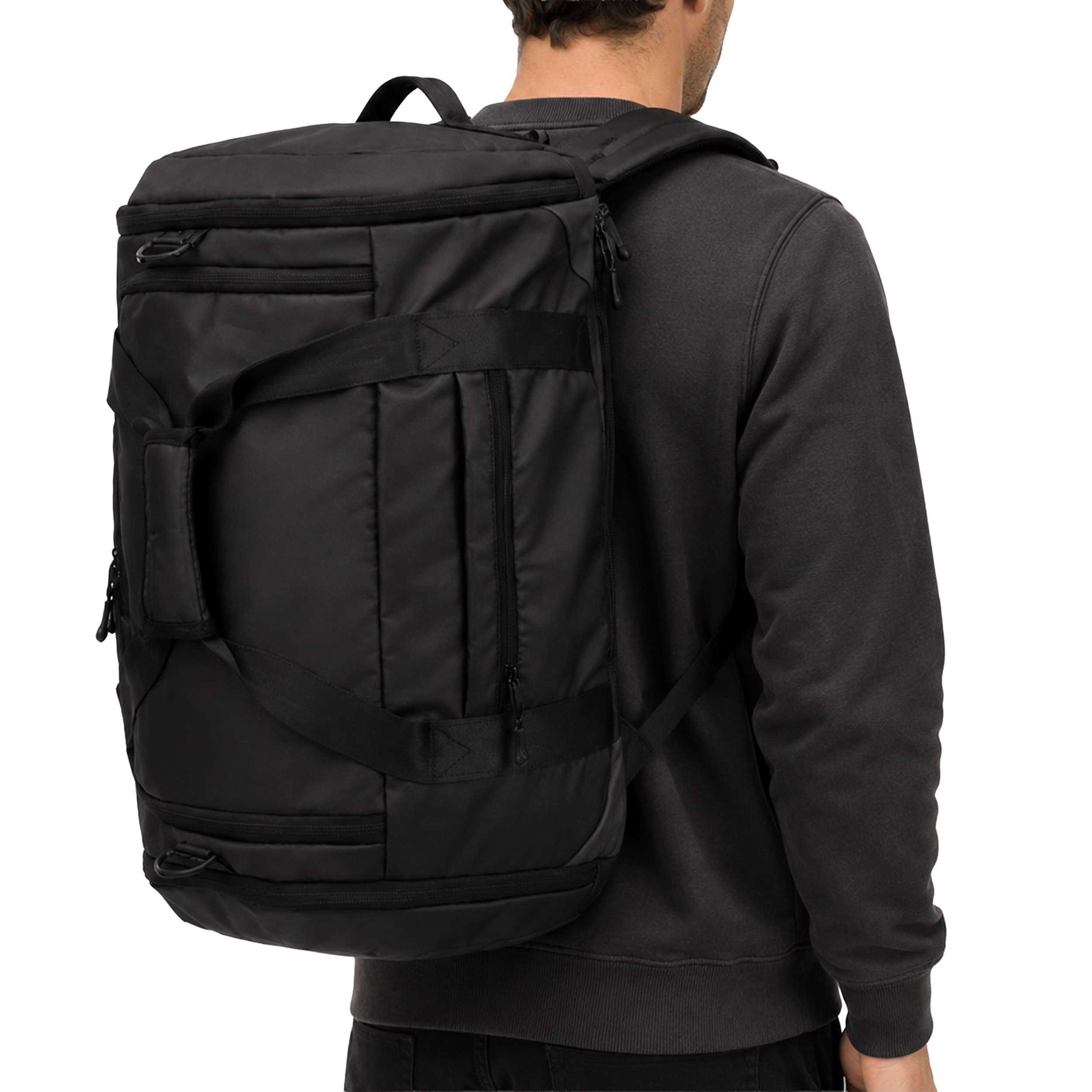 Detalhe da mala duffel preta da Marca Cordilheira com design funcional para transportar Roupa, reunindo Boa resistência e construção Confiável.