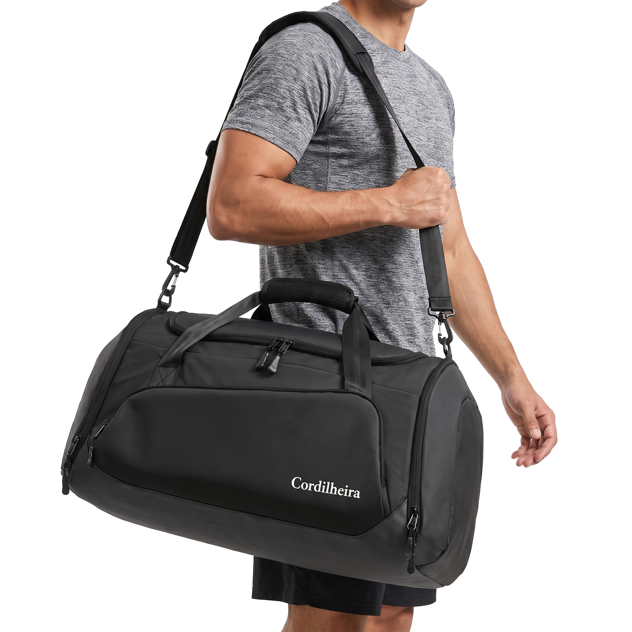 Mala duffel preta da Marca Cordilheira em vista frontal, ideal para transportar Roupa em viagens, com Boa estrutura e acabamento Confiável.