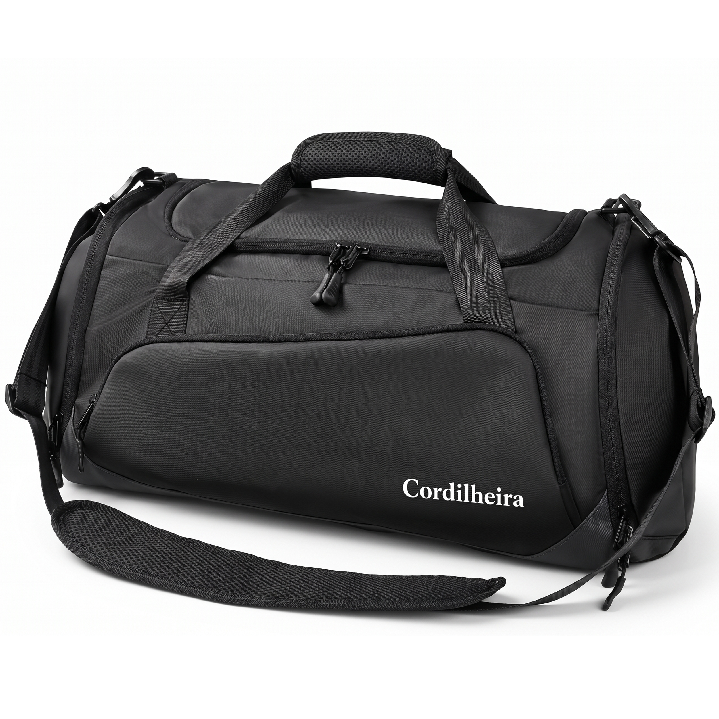 Mala duffel preta da Marca Cordilheira para viagem e camping, ideal para guardar Roupa e itens pessoais com Boa durabilidade e uso Confiável.