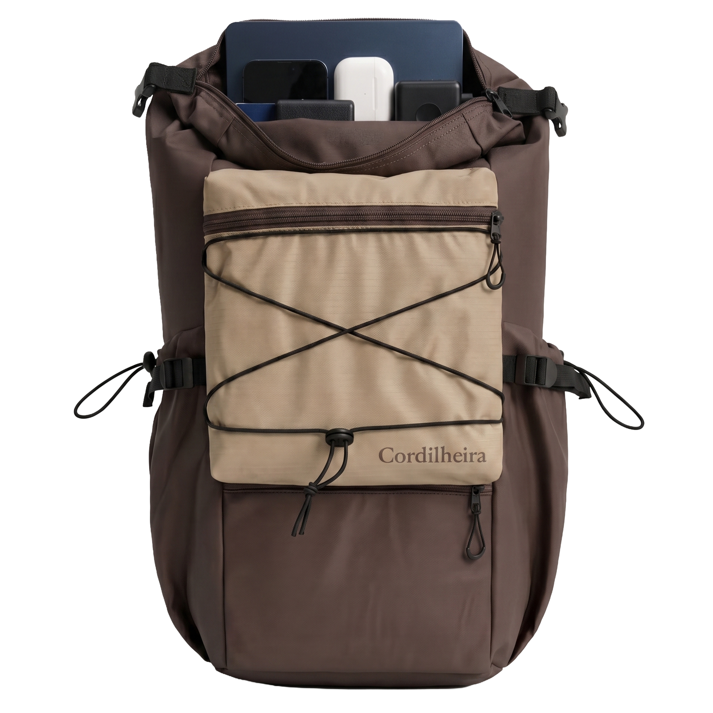 Mochila bege da Marca Cordilheira com foco na estrutura e alças, indicada para transportar Roupa e itens pessoais com Boa ergonomia e conforto Confiável.