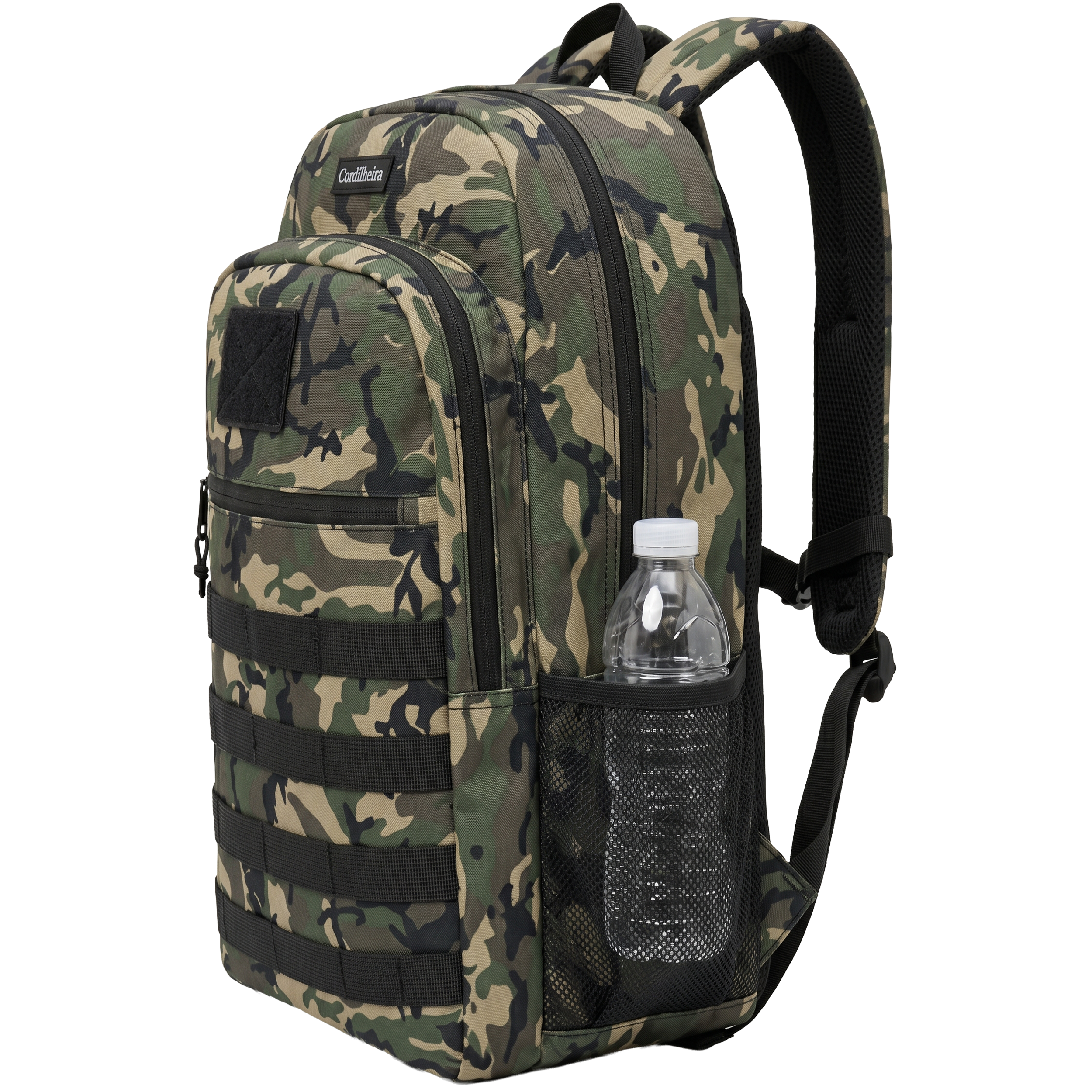 Mochila tática preta da Marca Cordilheira com alças ajustáveis, uma Roupa e equipamento de Boa resistência e uso Confiável para camping, viagem e aventura.